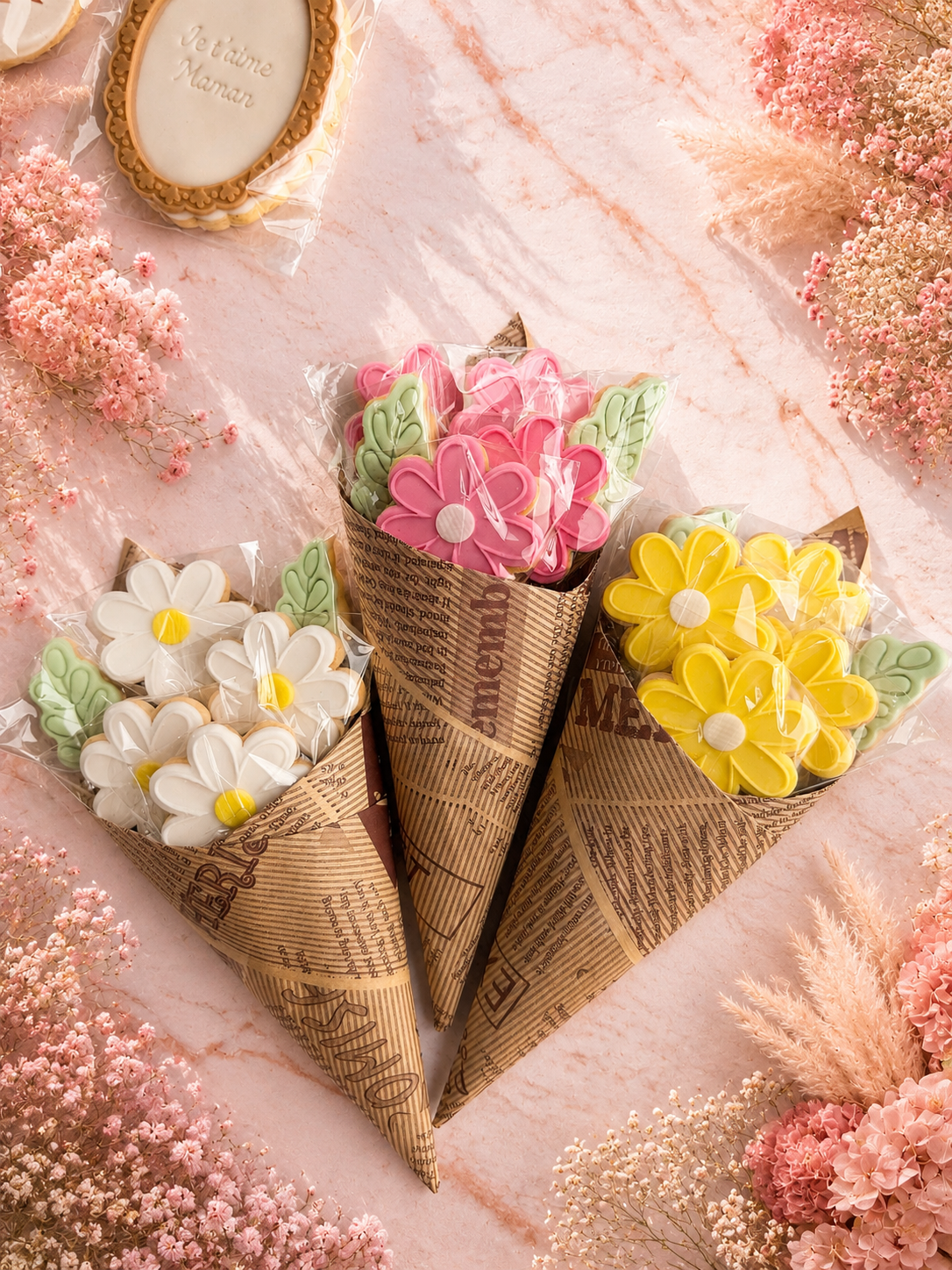 Bouquet de biscuits fleurs décorés en pâte à sucre rose, blanc et jaune avec feuilles vertes dans un emballage kraft