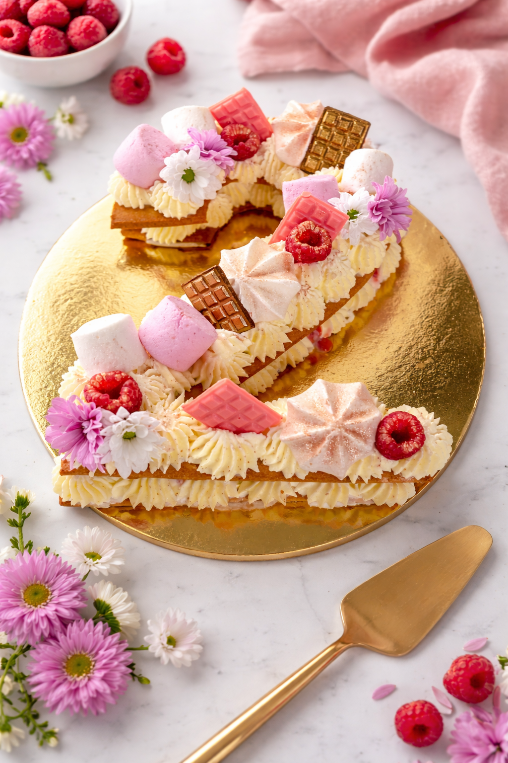 Number cake chiffre 2 artisanal garni de crème vanille, framboises fraîches, guimauves, meringues et chocolats, présenté sur un support doré.