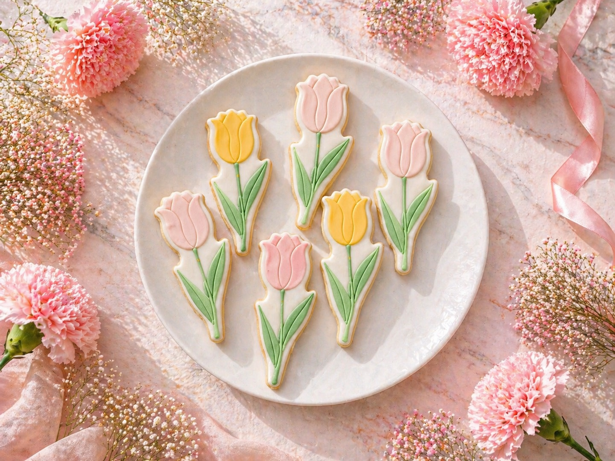 coffret 3 biscuits fleurs tulipes fête des mères sablés décorés artisanaux avec ruban
